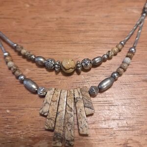 Southwestern Jasper Sterling Liquid Silver and Tan Beaded Vintage Necklace
